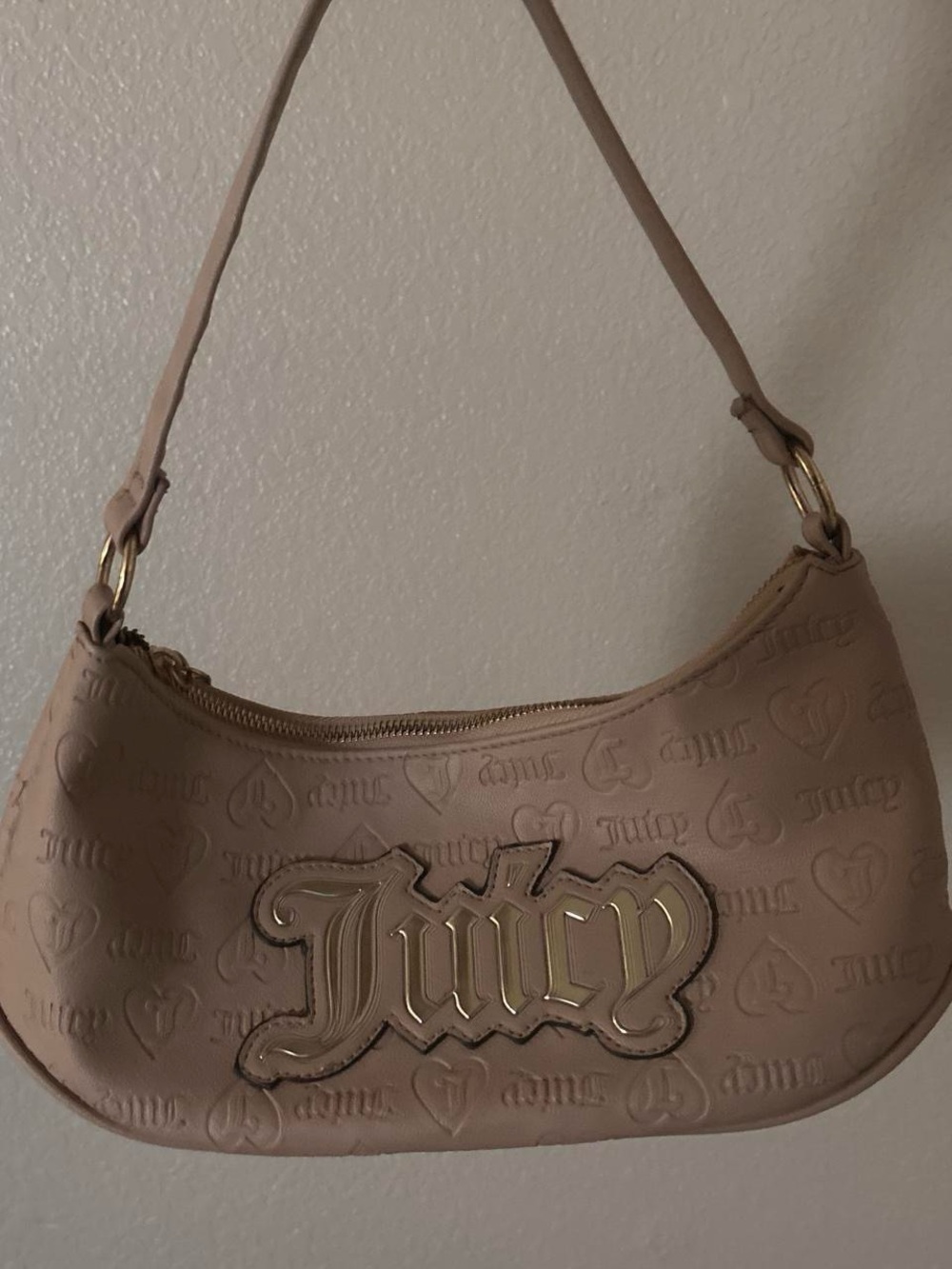 Juicy Couture Beige Embossed Logo Shoulder Bag with Gold Plaque